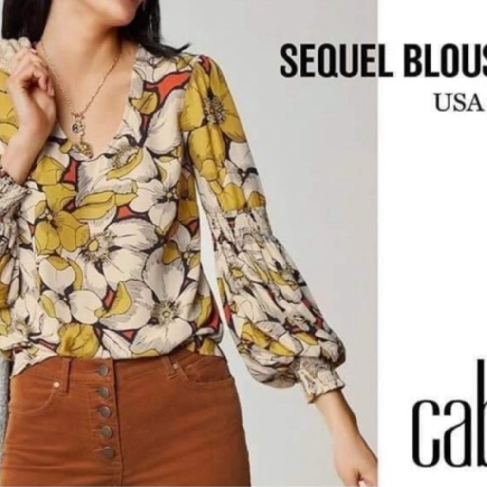 Cabi sequel floral blouse yellow black cream floral pattern